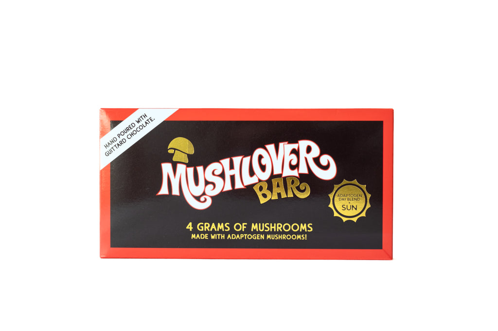 Mushlover Bar packaging with red border and white text on a black background