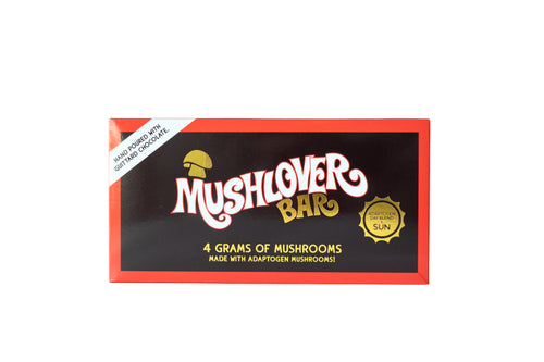 Mushlover Bar packaging with red border and white text on a black background